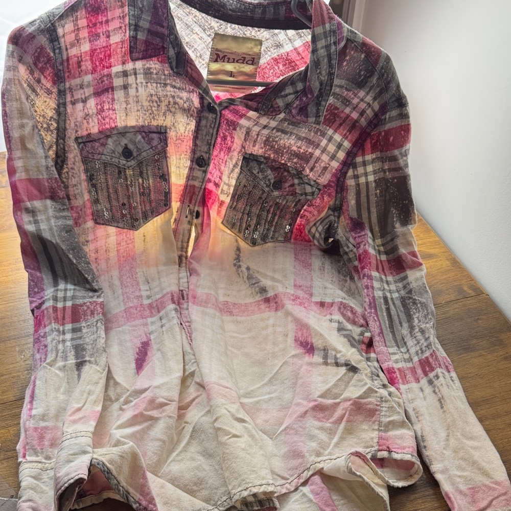 Mudd Pink and Gray Plaid Women's Top